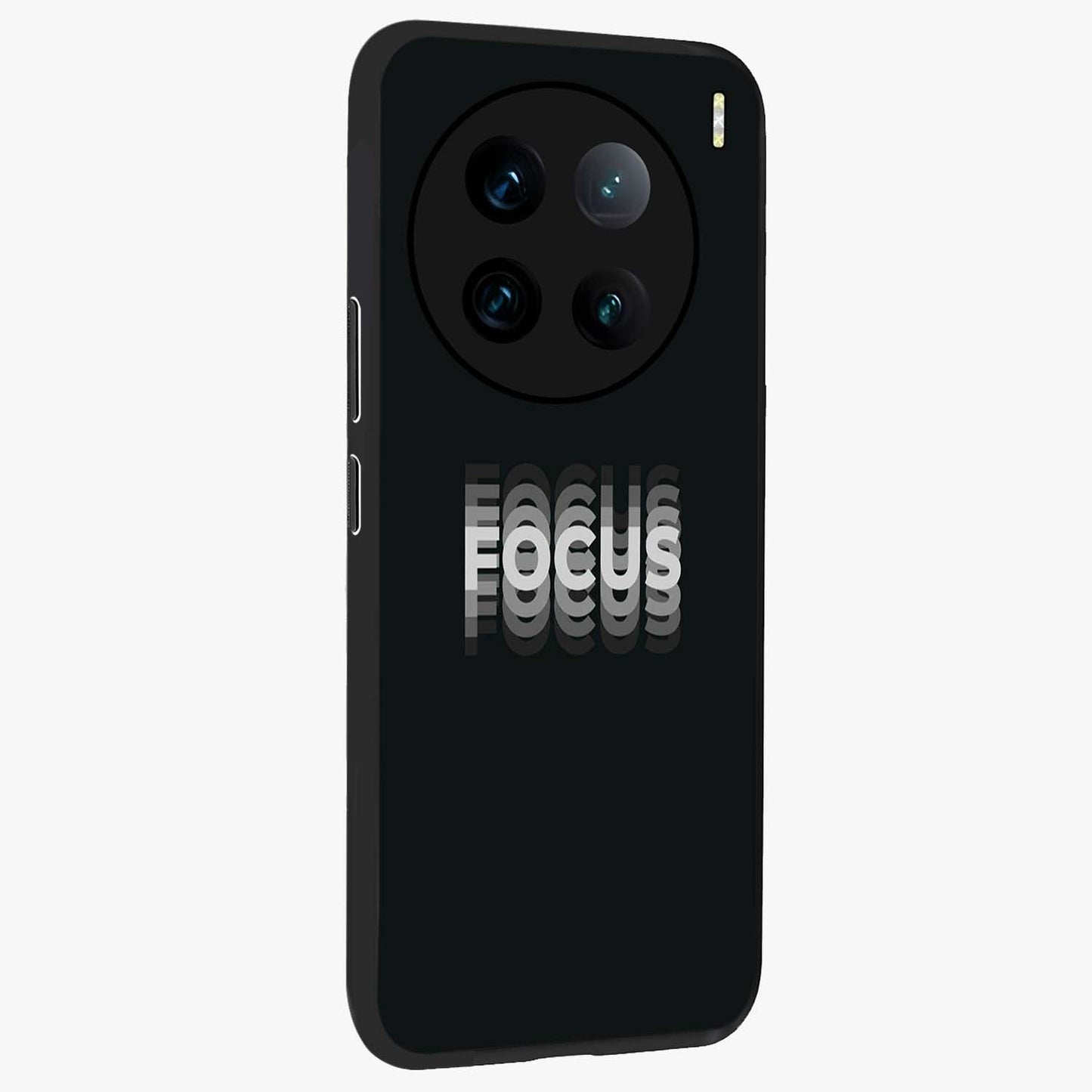 Focus Mode On Glass Case upright view showcasing strong typography statement with sleek motivational theme.