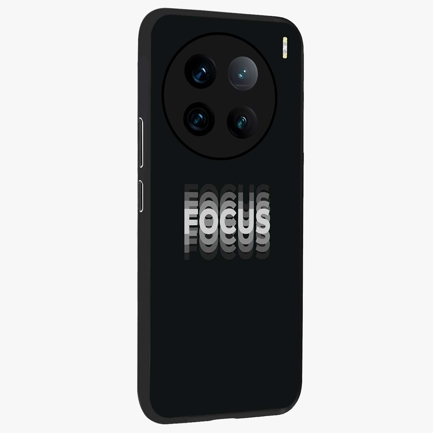 Focus Mode On Glass Case upright view showcasing strong typography statement with sleek motivational theme.