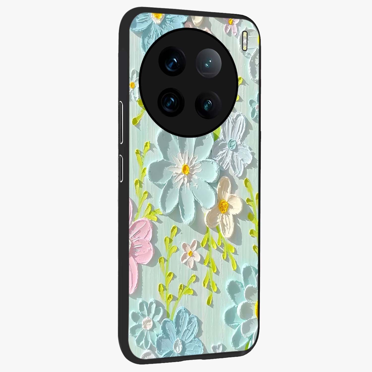 Frosted Petal Garden Glass Case upright view showcasing elegant floral garden artwork with soothing pastel theme.