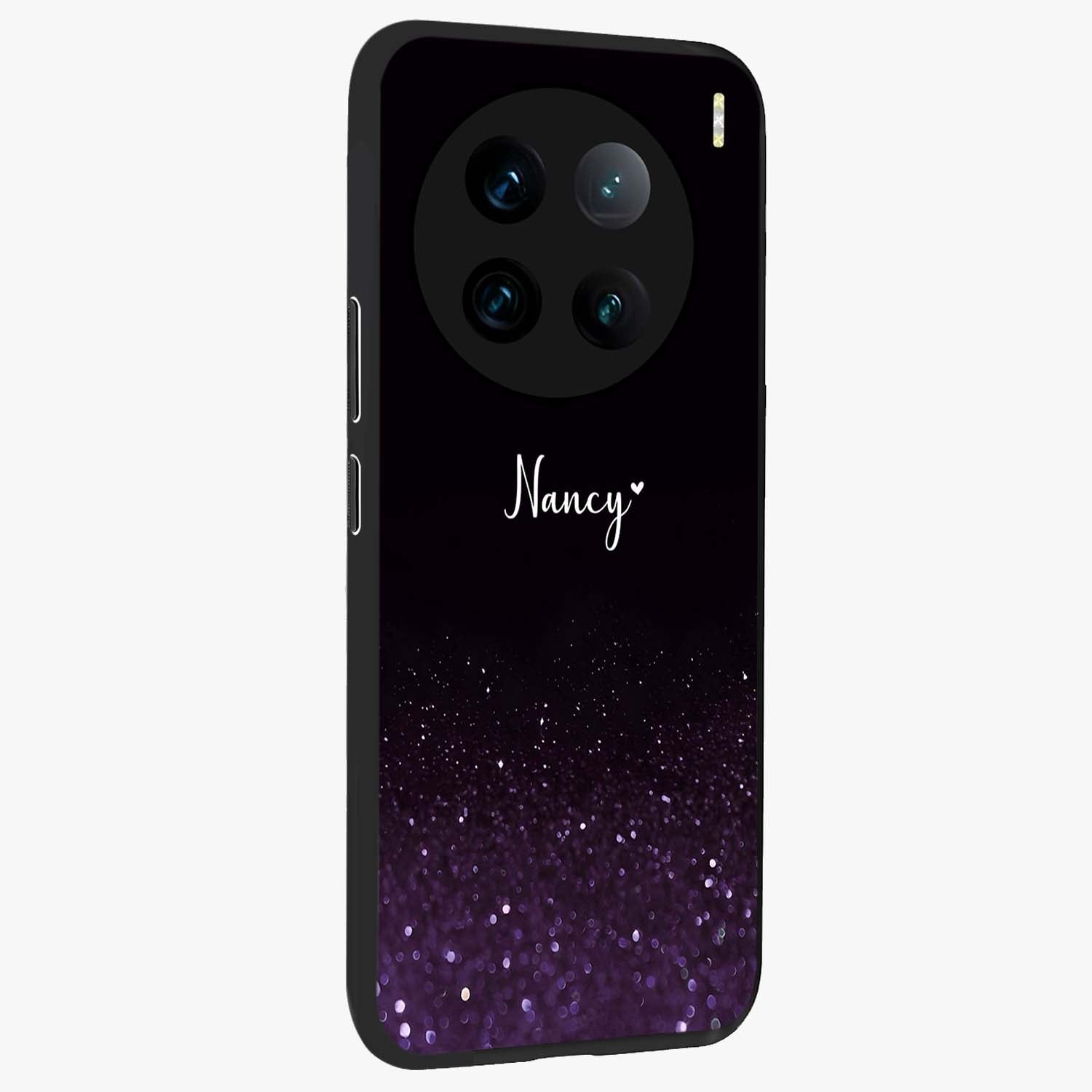 Glittery Purple Bokeh Custom Name Glass Case upright view showcasing vibrant purple sparkle artwork with personalized aesthetic style.