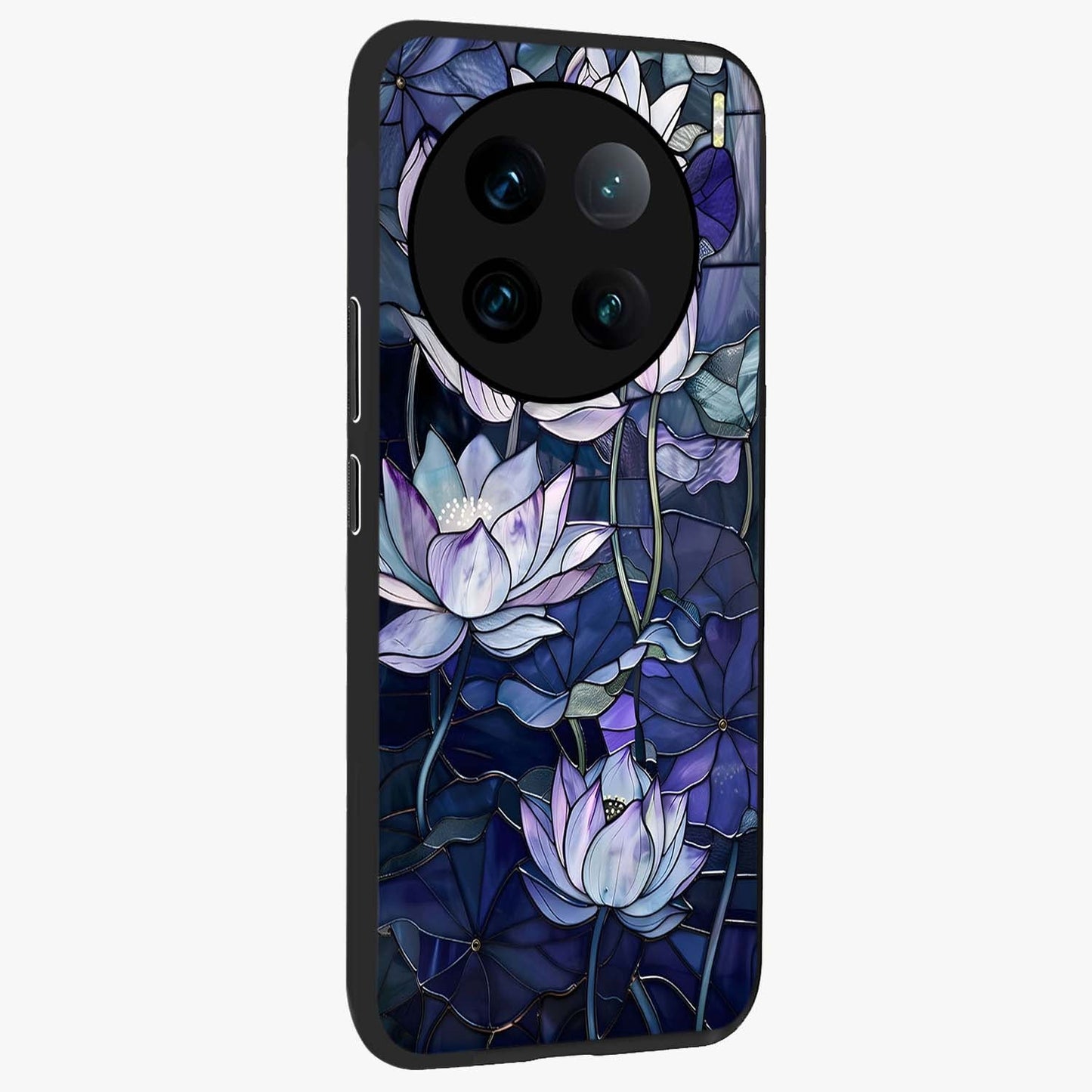 Gloss Petal Rush Glass Case upright view showcasing dynamic floral petal artwork with modern botanical theme.