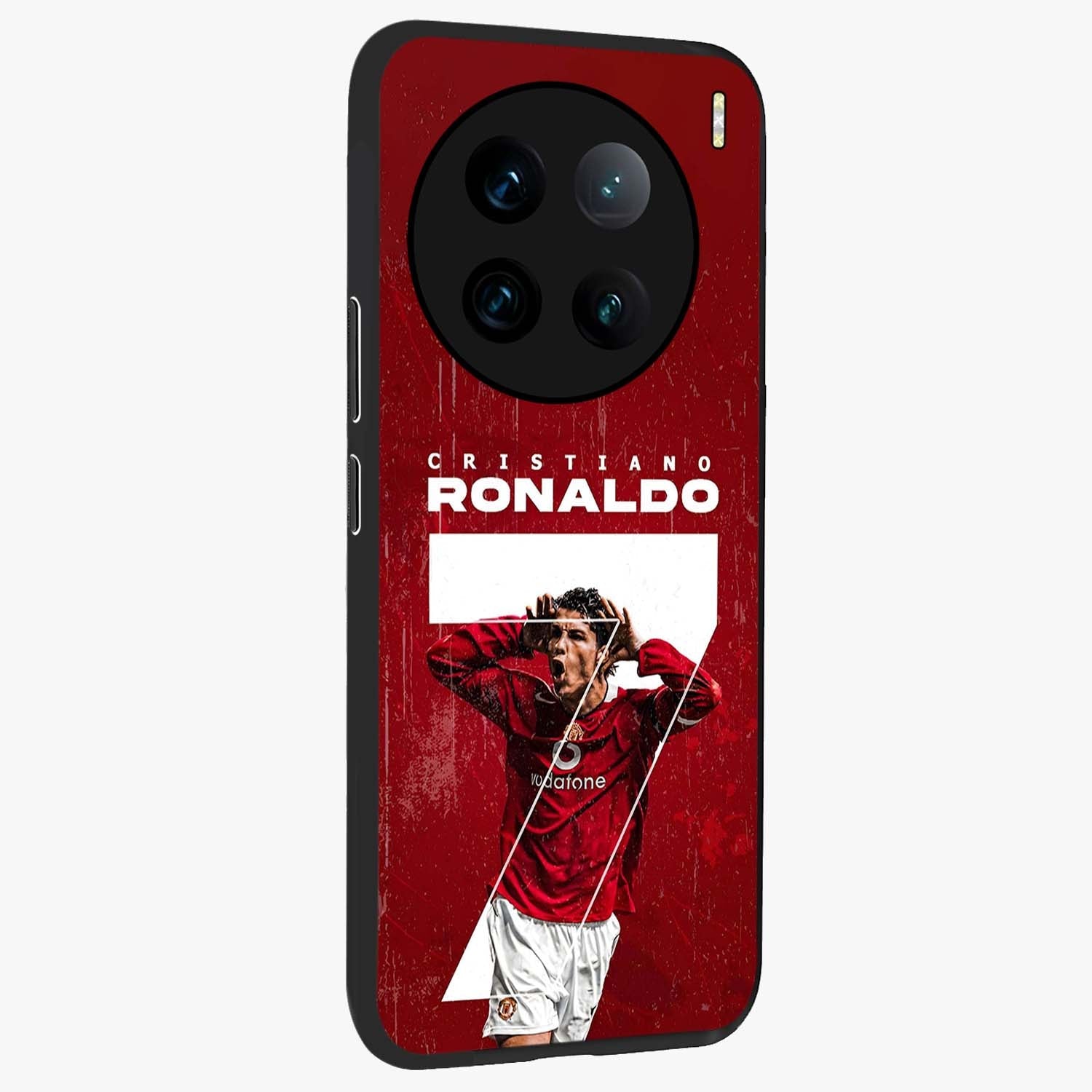 Goal Celebration Legacy Glass Case upright view showcasing dynamic football inspired artwork with victory celebration aesthetic.