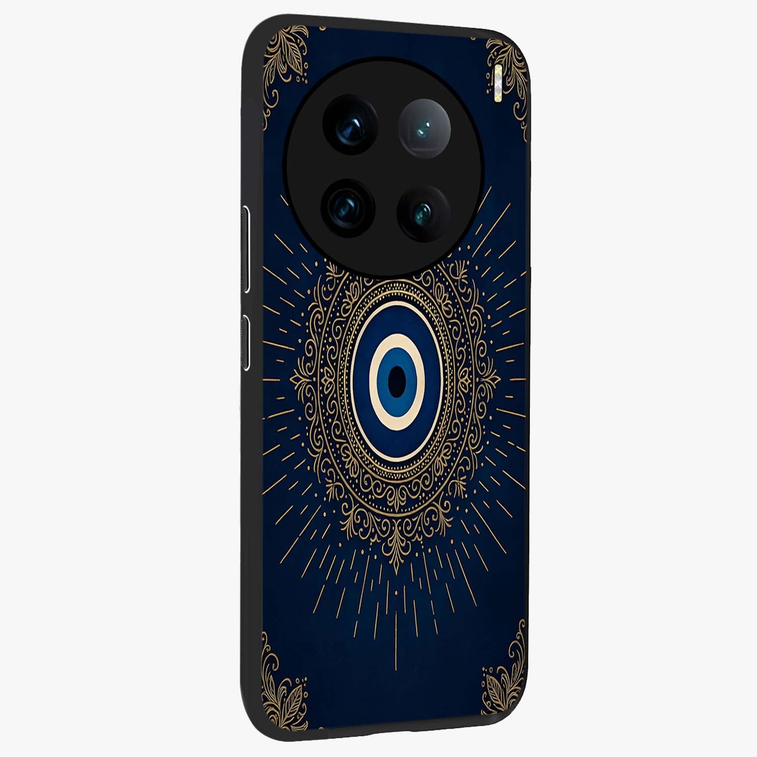 Golden Celestial Charm Glass Case upright view showcasing radiant celestial artwork with elegant golden theme.