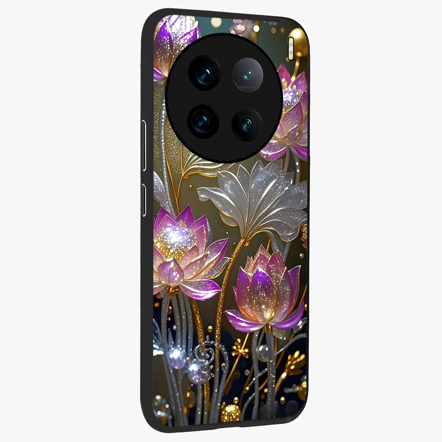 Golden Floral Majesty Glass Case upright view showcasing majestic floral artwork with rich decorative theme.