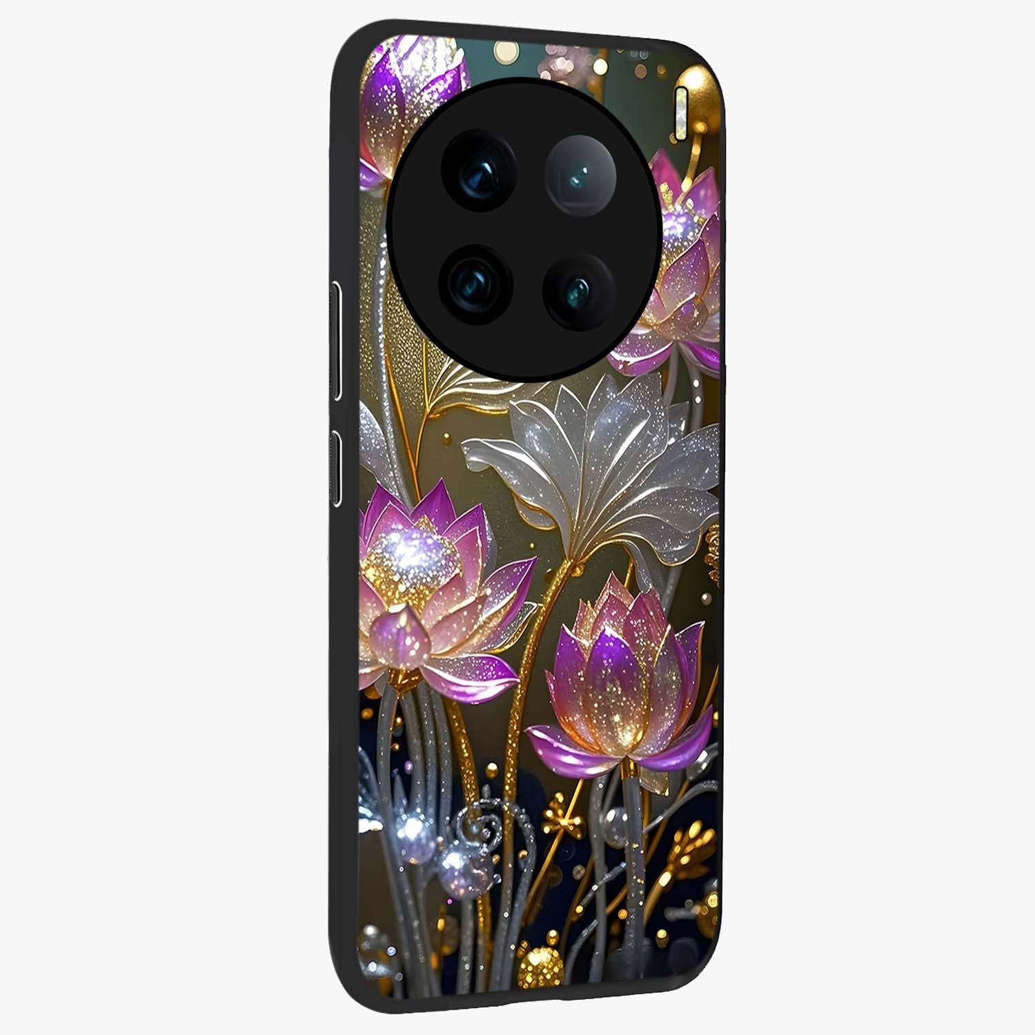 Golden Floral Majesty Glass Case upright view showcasing majestic floral artwork with rich decorative theme.