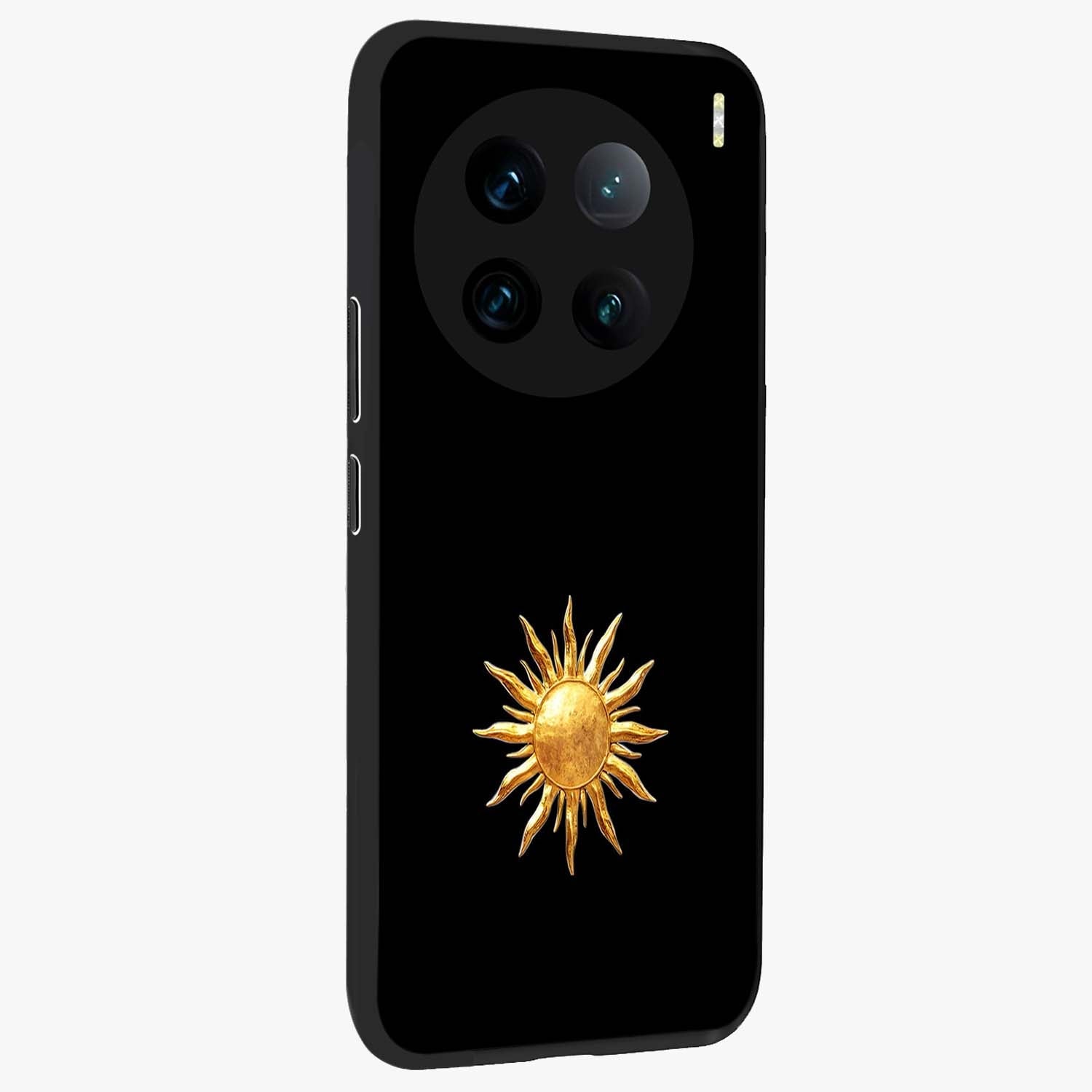 Golden Sun Minimalism Glass Case upright view showcasing haunting graveyard artwork with dramatic dark theme.