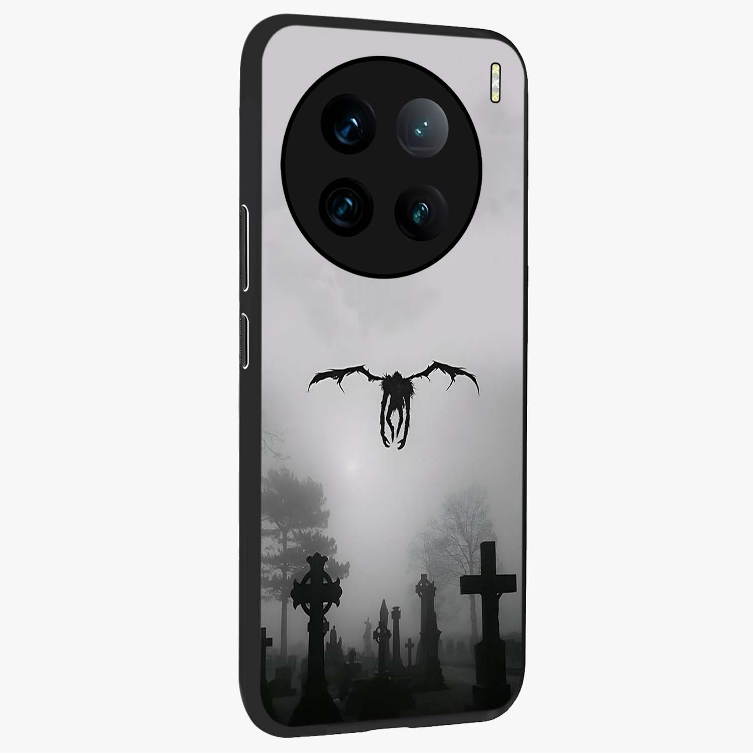 Graveyard Shadow Descent Glass Case upright view showcasing haunting graveyard artwork with dramatic dark theme.