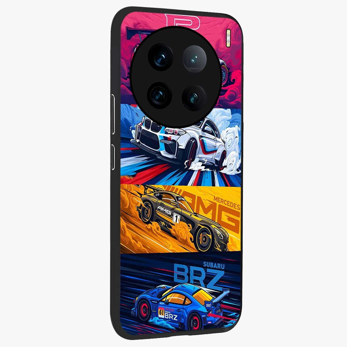 JDM Sports Car Glass Case upright view showcasing dynamic sports car artwork with bold racing theme.