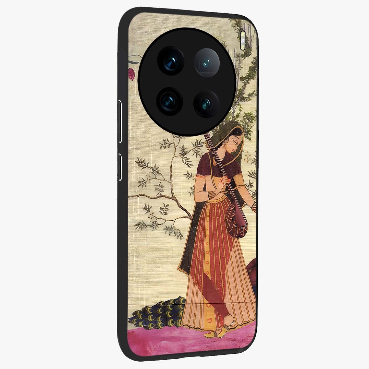 Lady With Veena Art Glass Case upright view showcasing classical veena artwork with traditional artistic theme.