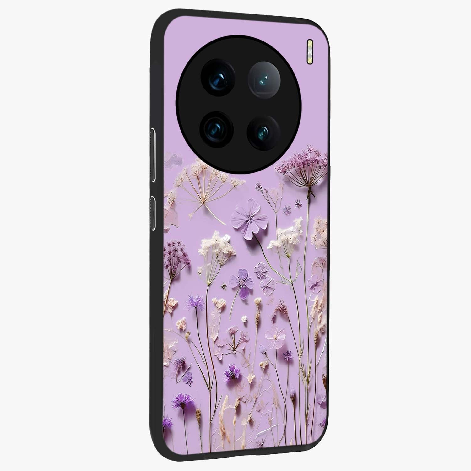 Lavender Blossom Dream Glass Case upright view showcasing delicate lavender blossom artwork with peaceful floral theme.