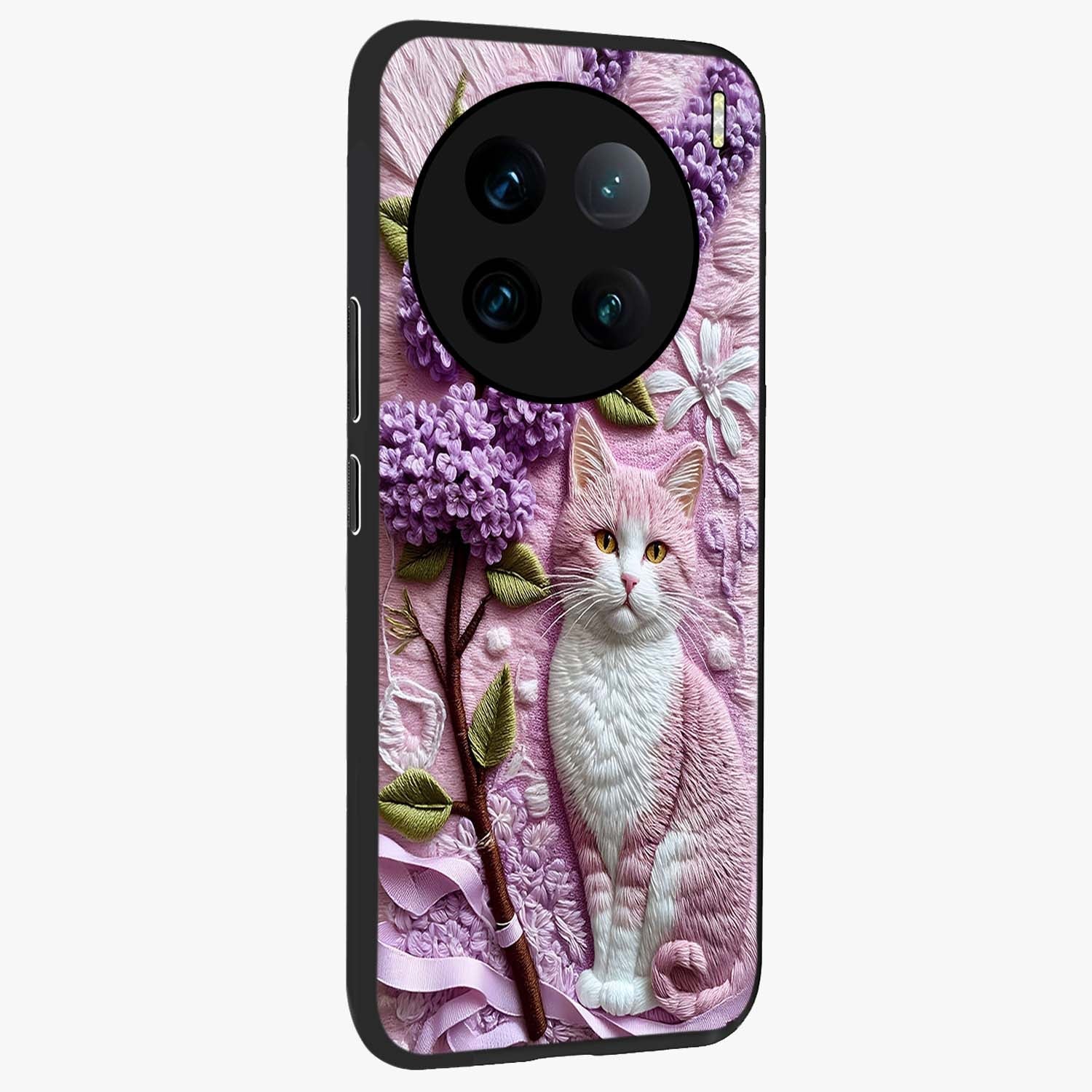 Lavender Cat Whimsy Glass Case upright view showcasing charming cat artwork with whimsical lavender theme.