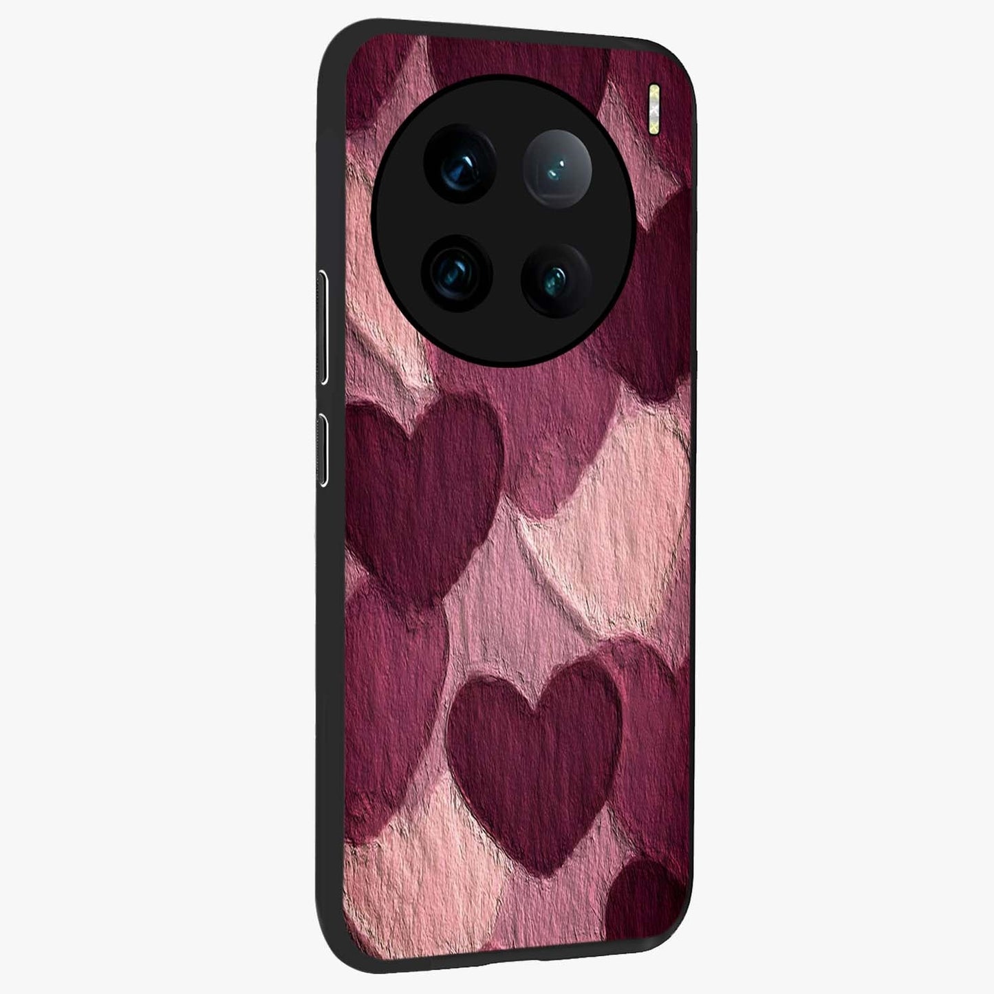 Layered Paper Hearts Glass Case upright view showcasing decorative layered heart artwork with sweet love theme.