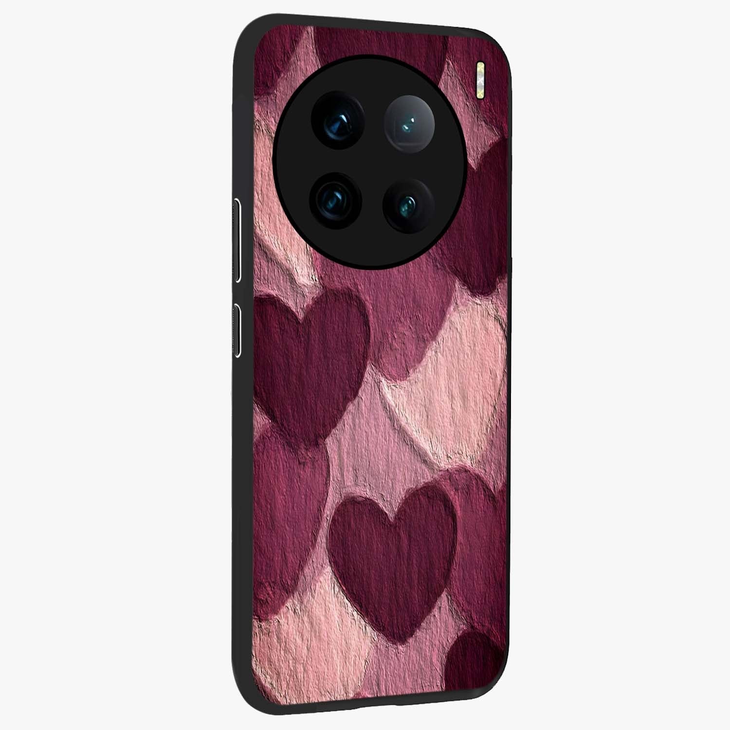 Layered Paper Hearts Glass Case upright view showcasing decorative layered heart artwork with sweet love theme.