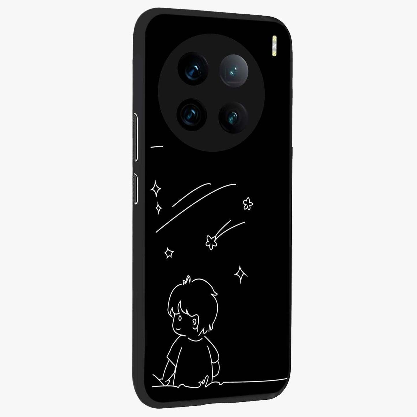 Line Art Boy With Shooting Stars Glass Case upright view showcasing artistic shooting star illustration with minimal style.
