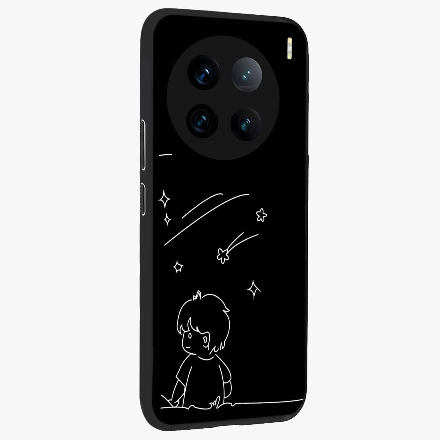 Line Art Boy With Shooting Stars Glass Case upright view showcasing artistic shooting star illustration with minimal style.