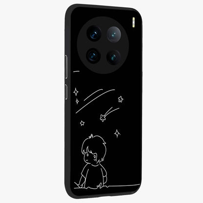 Line Art Boy With Shooting Stars Glass Case upright view showcasing artistic shooting star illustration with minimal style.