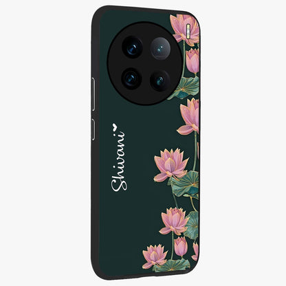 Lotus Bloom Serenity Custom Name Glass Case upright view showcasing serene lotus bloom artwork with personalized floral aesthetic.