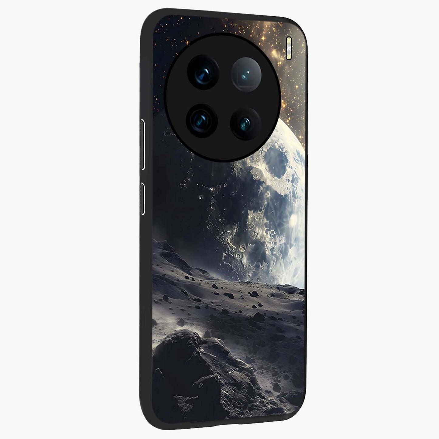 Lunar Horizon Glow Glass Case upright view showcasing radiant lunar artwork with calm cosmic theme.