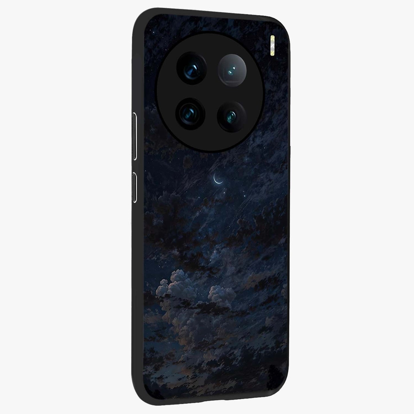 Lunar Veil Silence Glass Case upright view showcasing calm moon themed artwork with serene night atmosphere.