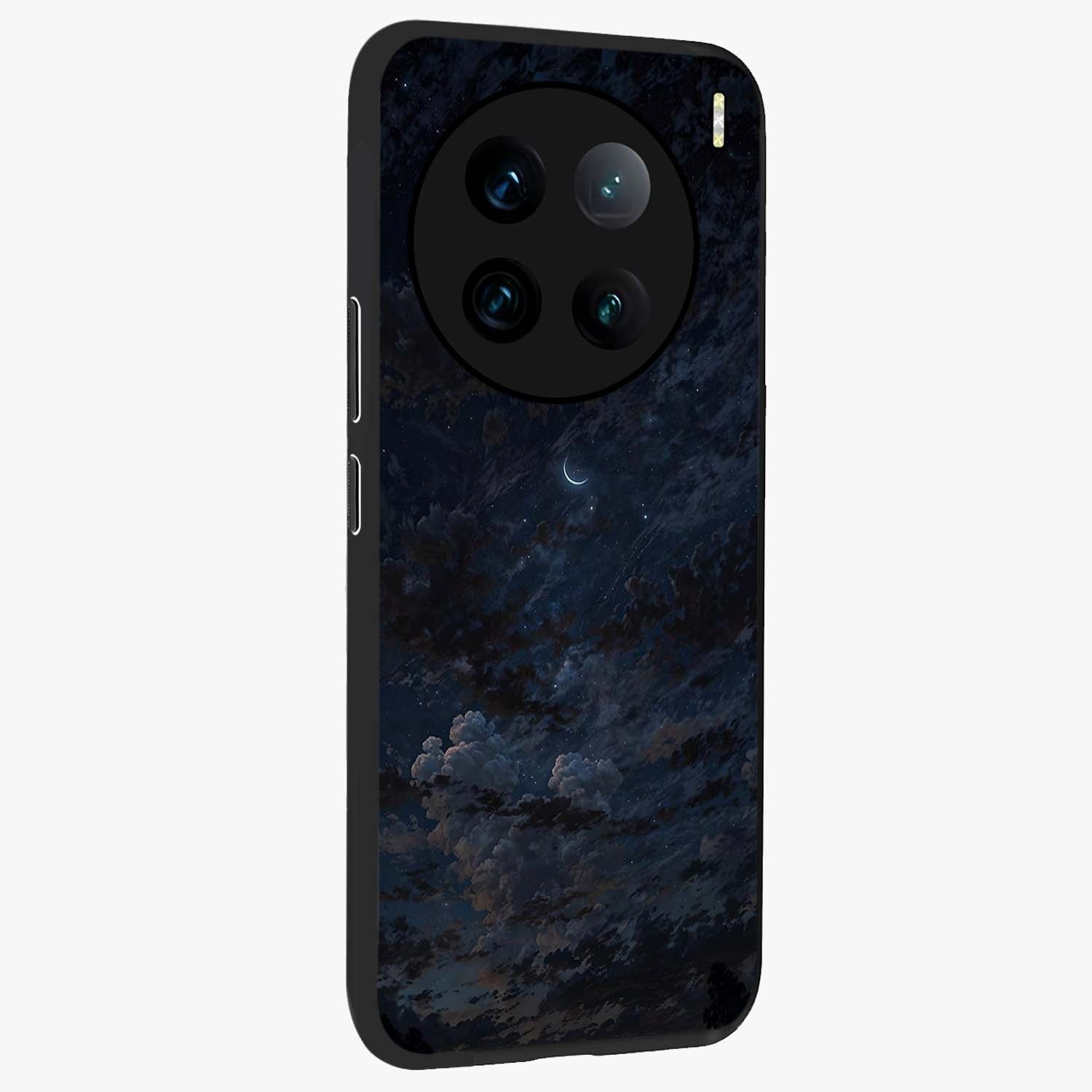 Lunar Veil Silence Glass Case upright view showcasing calm moon themed artwork with serene night atmosphere.