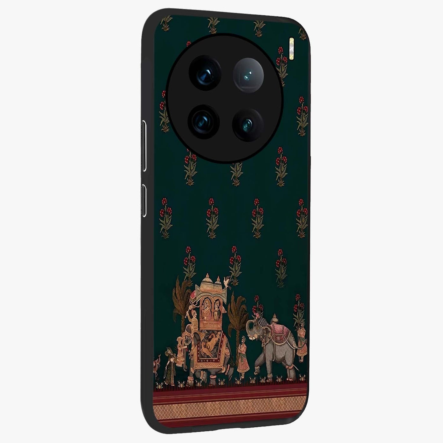 Macmerise Glass Case upright view showcasing bold artistic artwork with contemporary design theme.