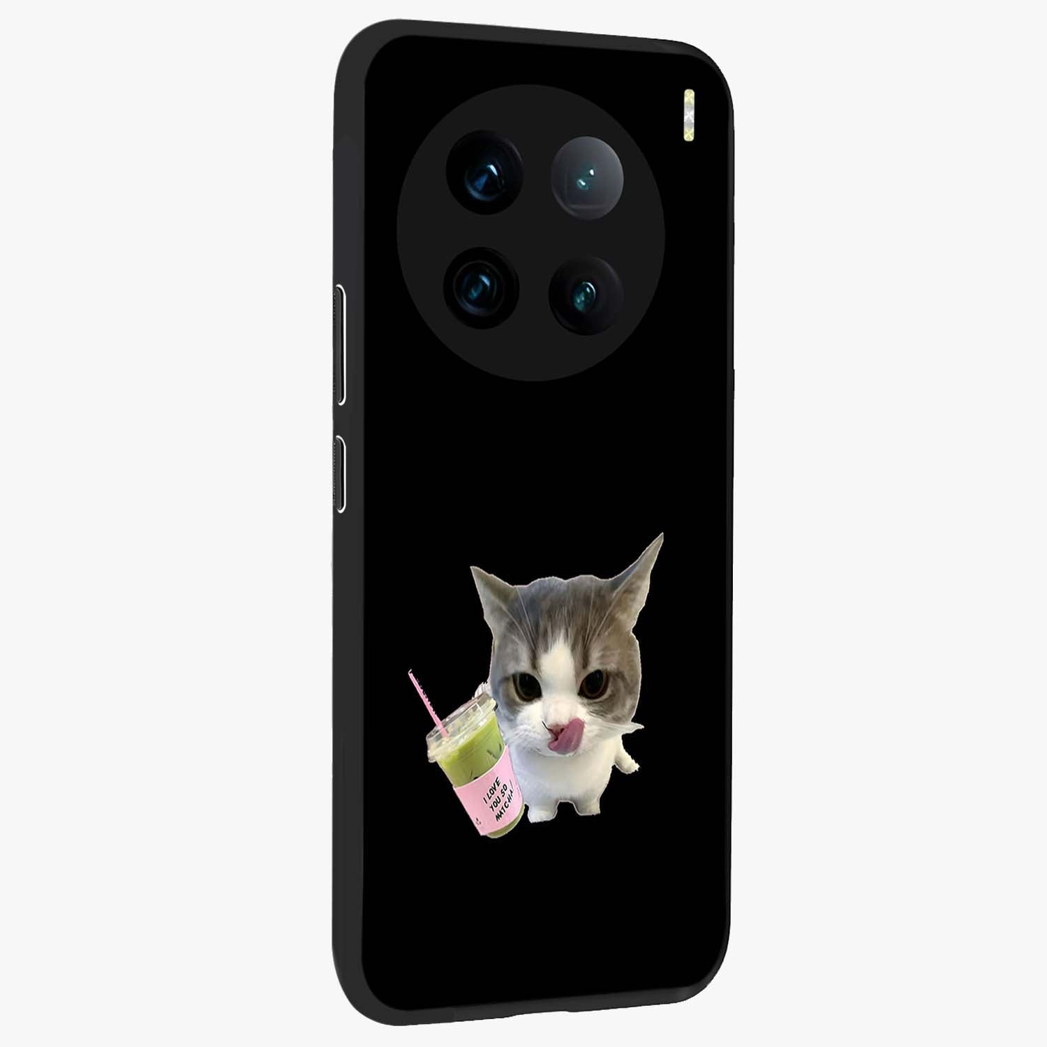 Matcha Cat Style Glass Case upright view showcasing charming cat artwork with cozy aesthetic theme.
