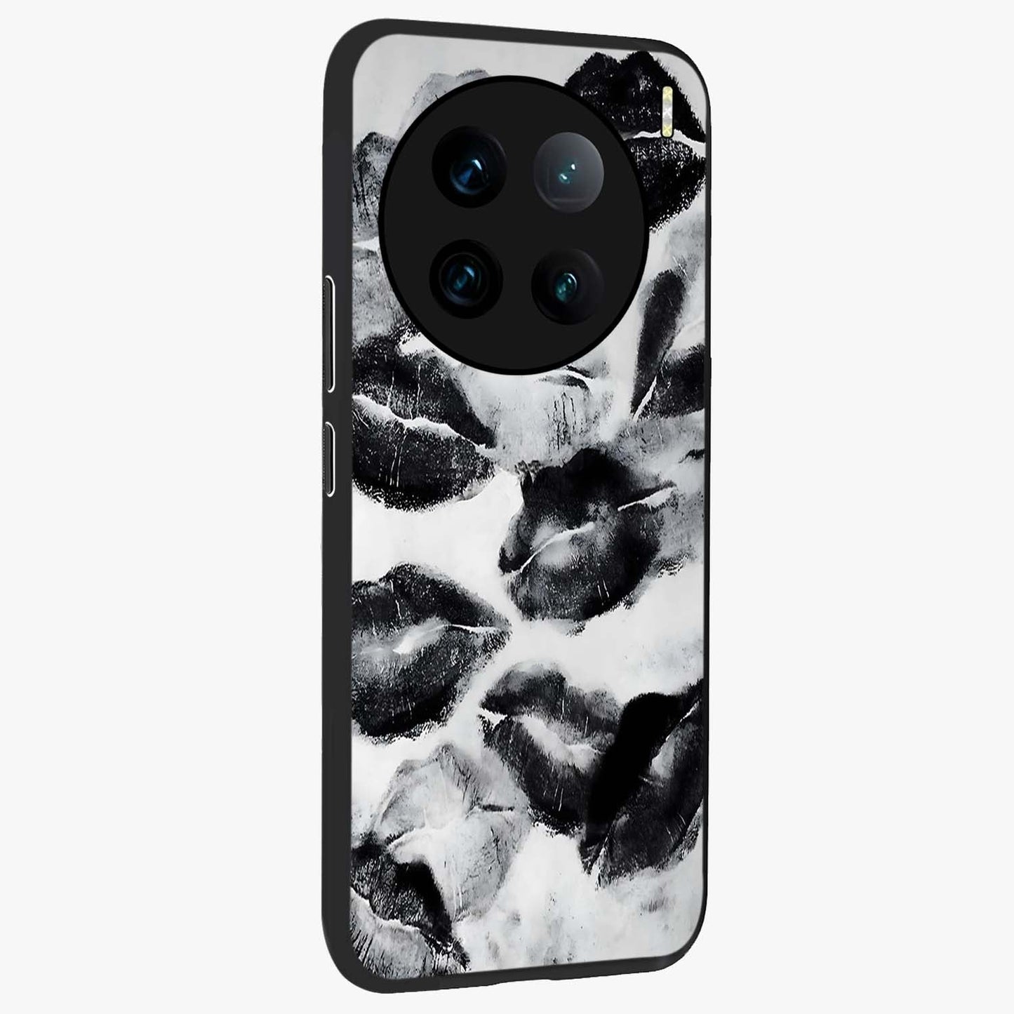 Midnight Kiss Marks Glass Case upright view showcasing stylish kiss mark artwork with trendy romantic theme.