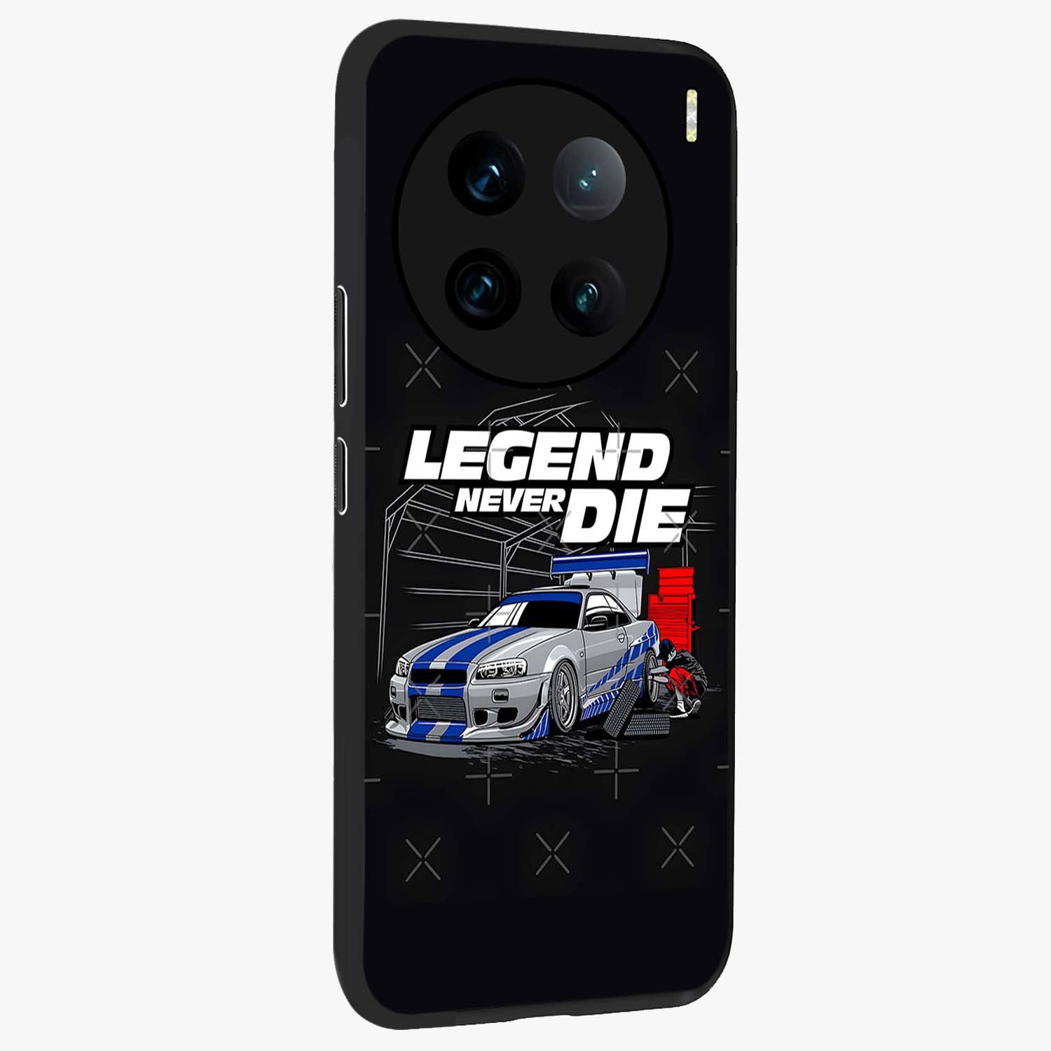 Midnight Racing Legacy Glass Case upright view showcasing powerful racing artwork with modern sports theme.