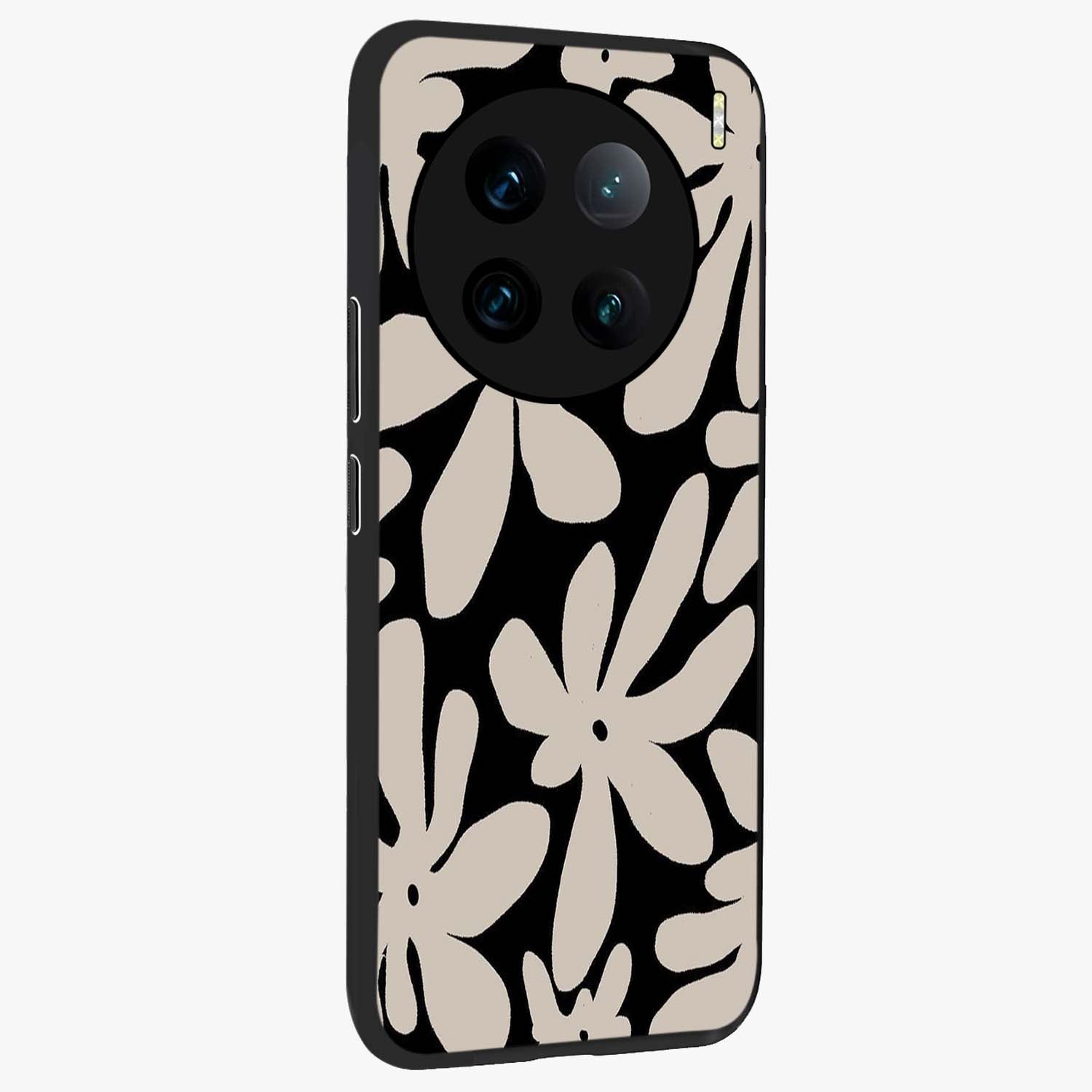Monochrome Petal Dance Glass Case upright view showcasing artistic floral pattern with stylish monochrome theme.