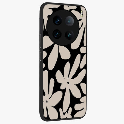 Monochrome Petal Dance Glass Case upright view showcasing artistic floral pattern with stylish monochrome theme.