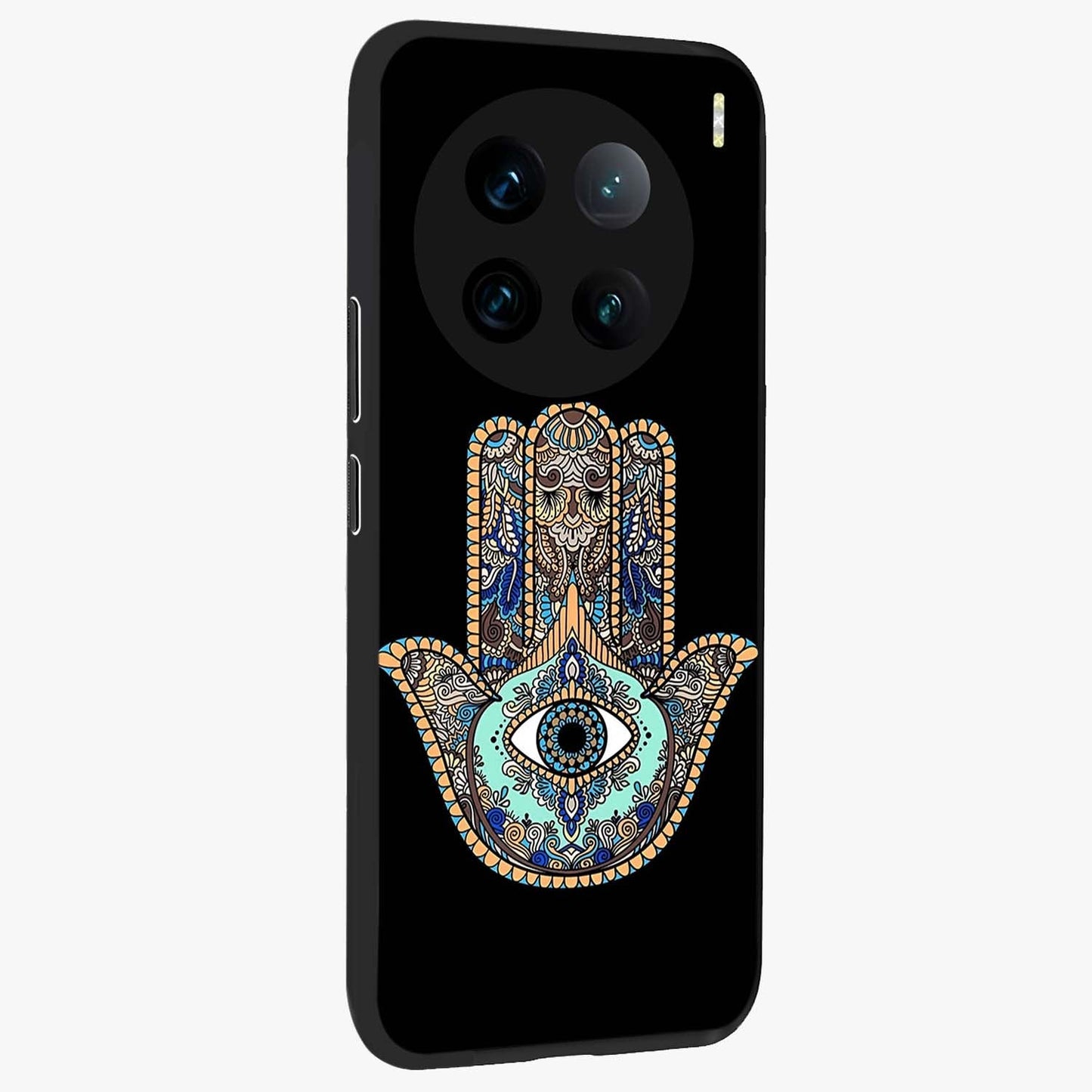 Mystic Hamsa Eye Glass Case upright view showcasing detailed hamsa eye artwork with protective spiritual theme.