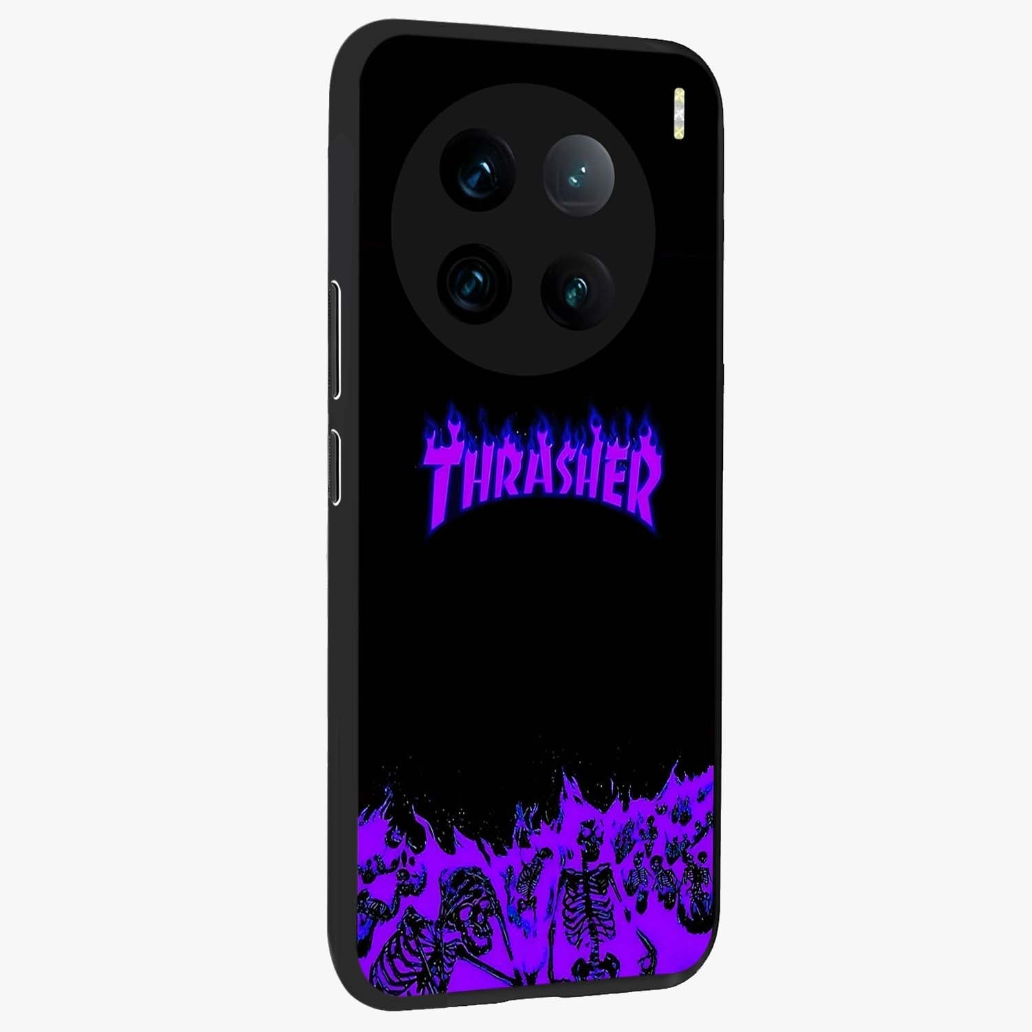 Neon Flame Riot Glass Case upright view showcasing dynamic flame artwork with energetic neon theme.
