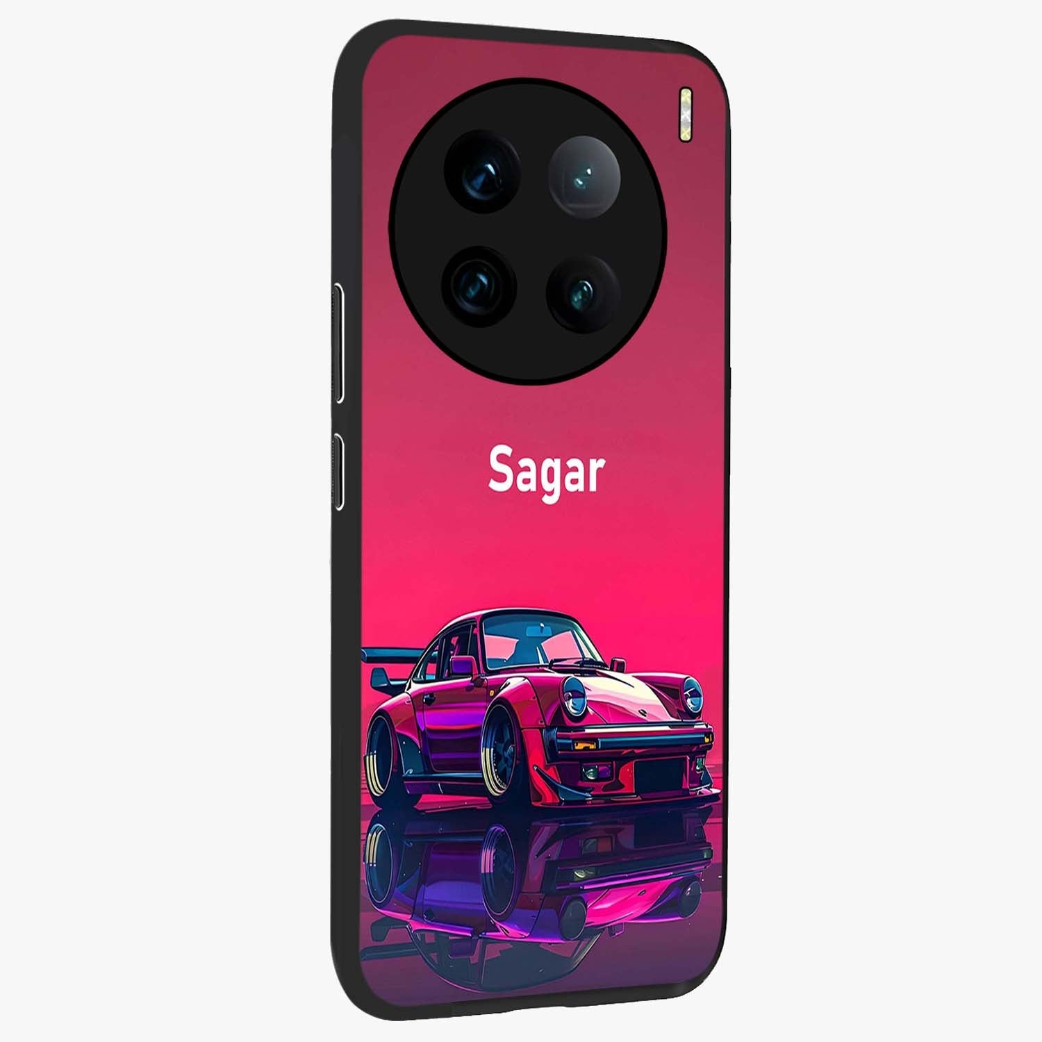 Neon Pink Porsche Glass Case upright view showcasing vibrant sports car artwork with bold automotive theme.