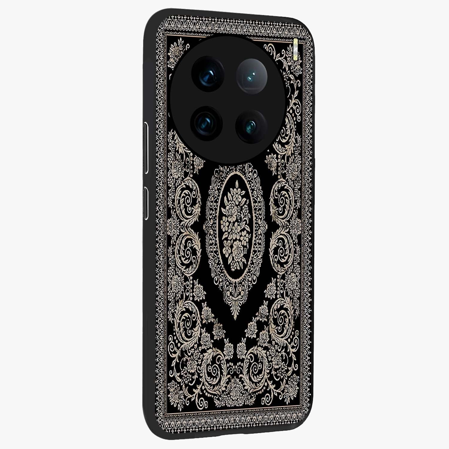 Noir Bloom Elegance Glass Case upright view showcasing graceful floral artwork with luxurious dark theme.