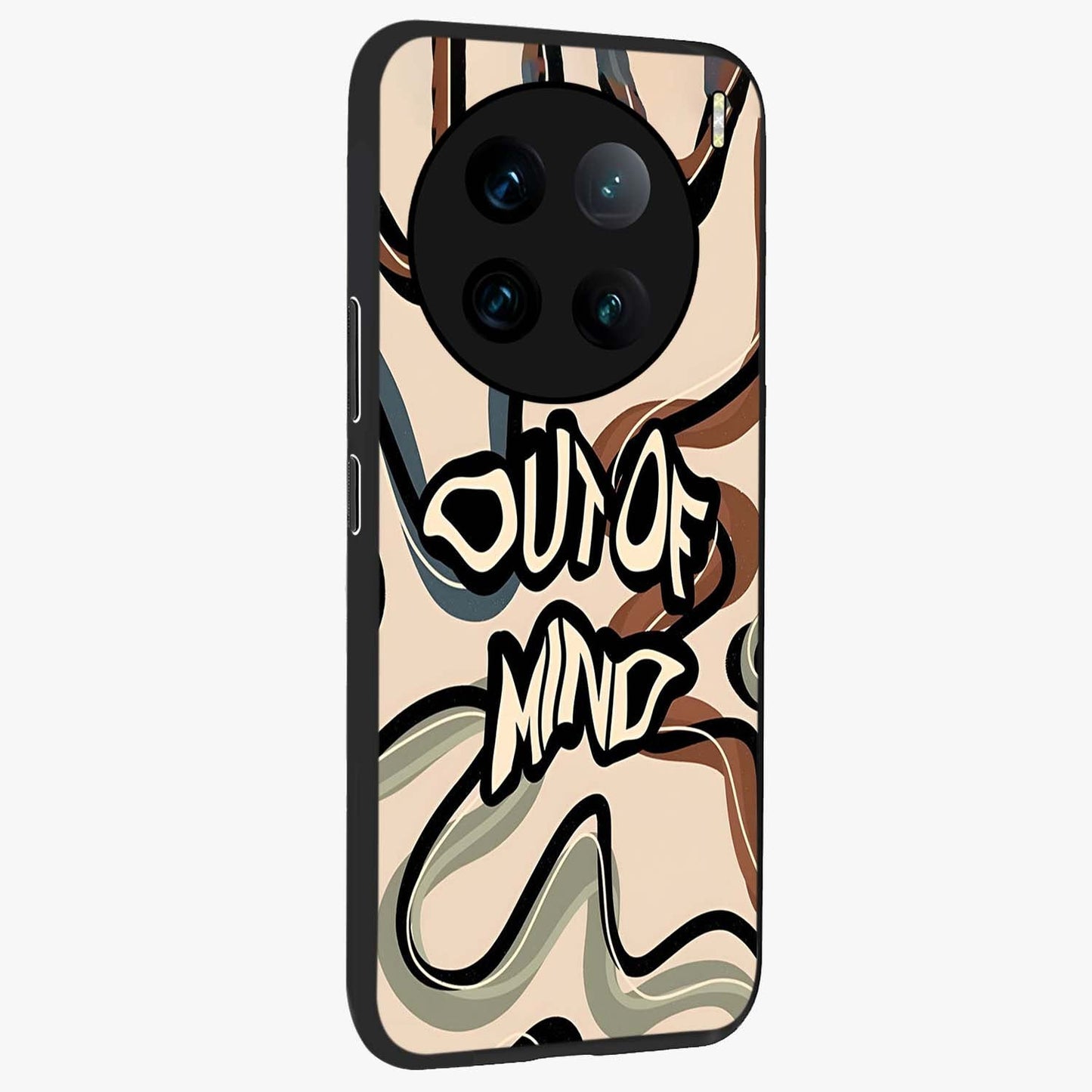 Out Of Mind Glass Case upright view showcasing striking typography artwork with edgy conceptual theme.