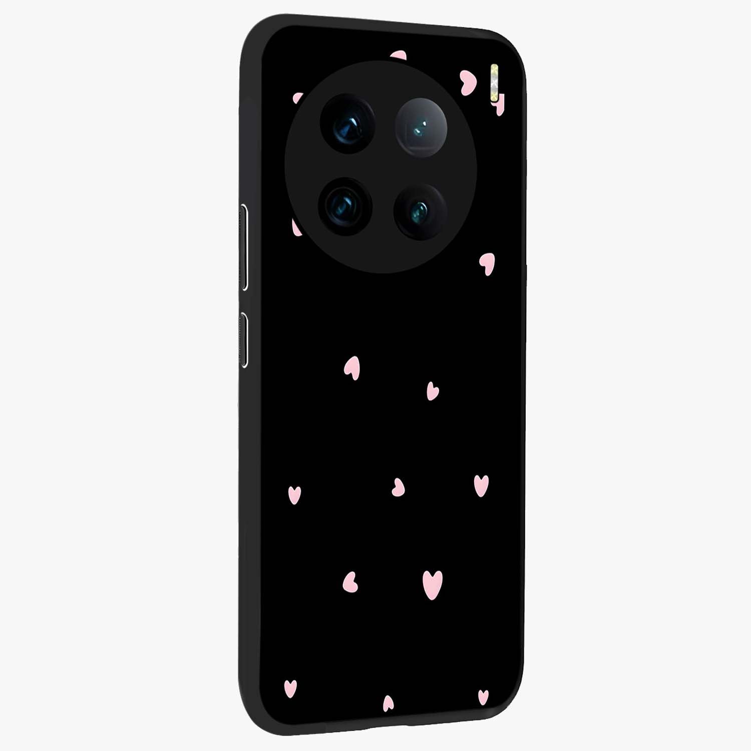 Pink Love Drops Glass Case upright view showcasing charming heart drop artwork with romantic playful theme.