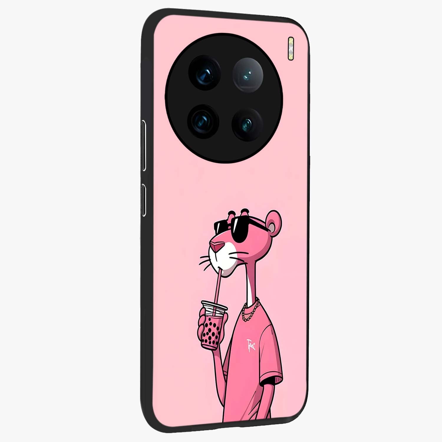 Pink Panther Glass Case upright view showcasing fun animated artwork with stylish retro cartoon theme.