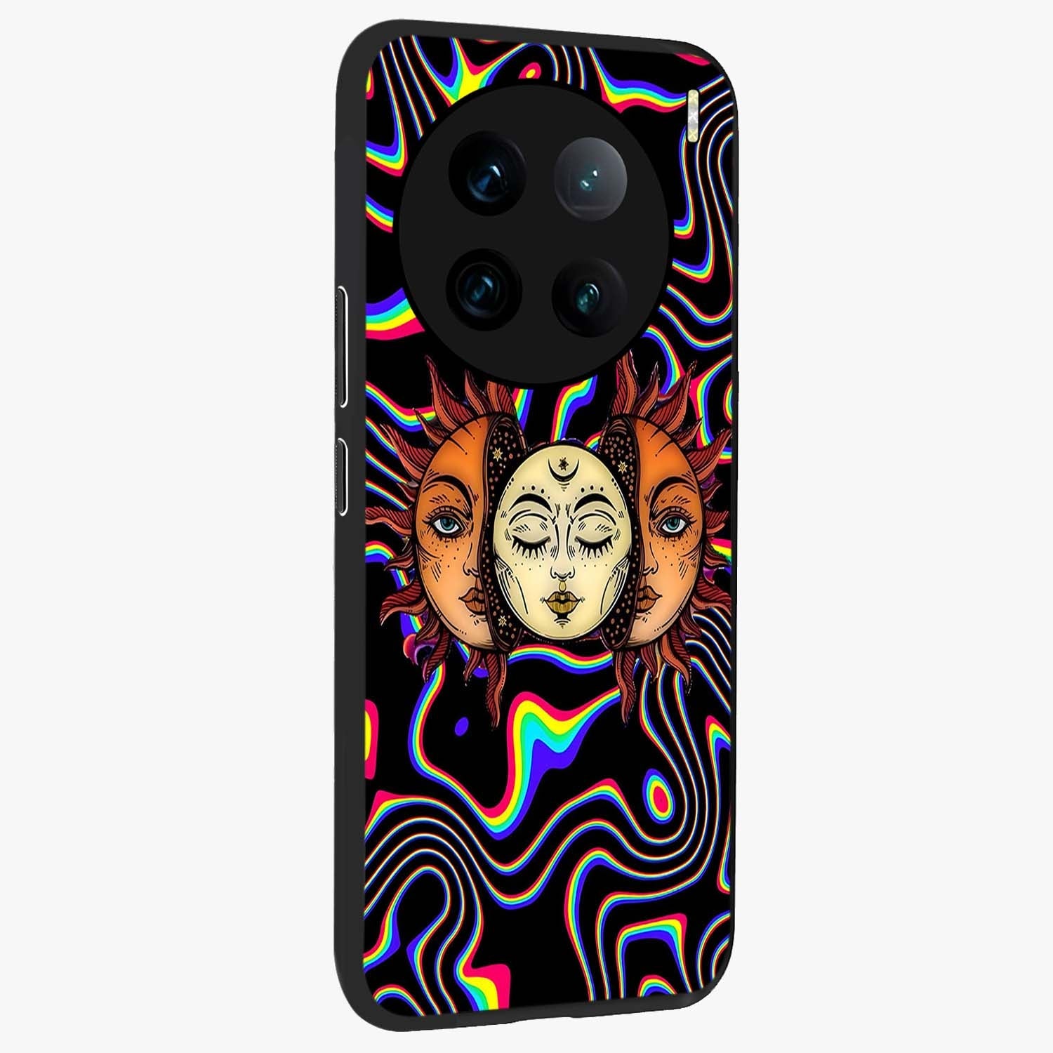 Psychedelic Sun Glass Case upright view showcasing trippy sun artwork with bold psychedelic theme.