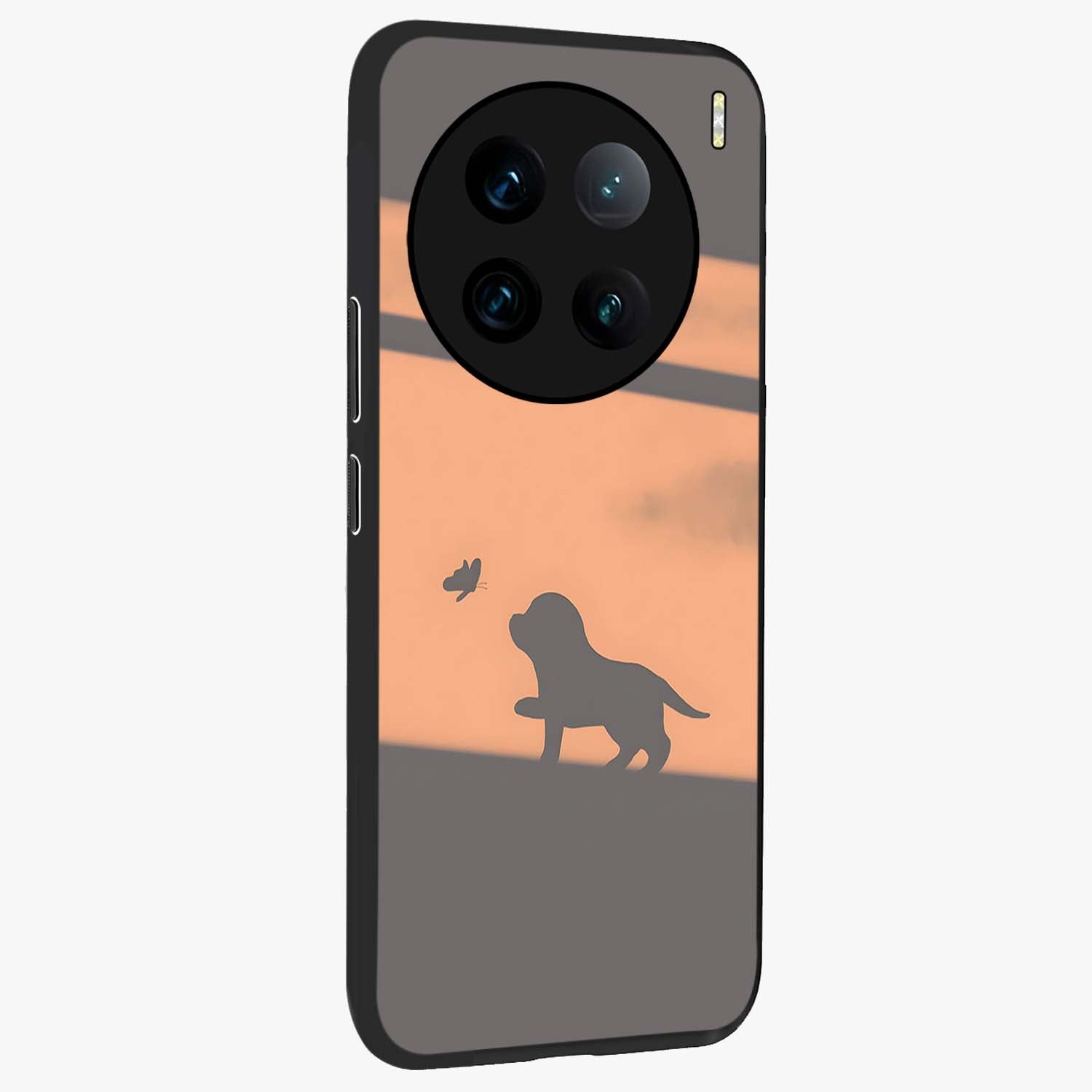 Puppy Shadow Art Glass Case upright view showcasing charming puppy artwork with creative silhouette theme.