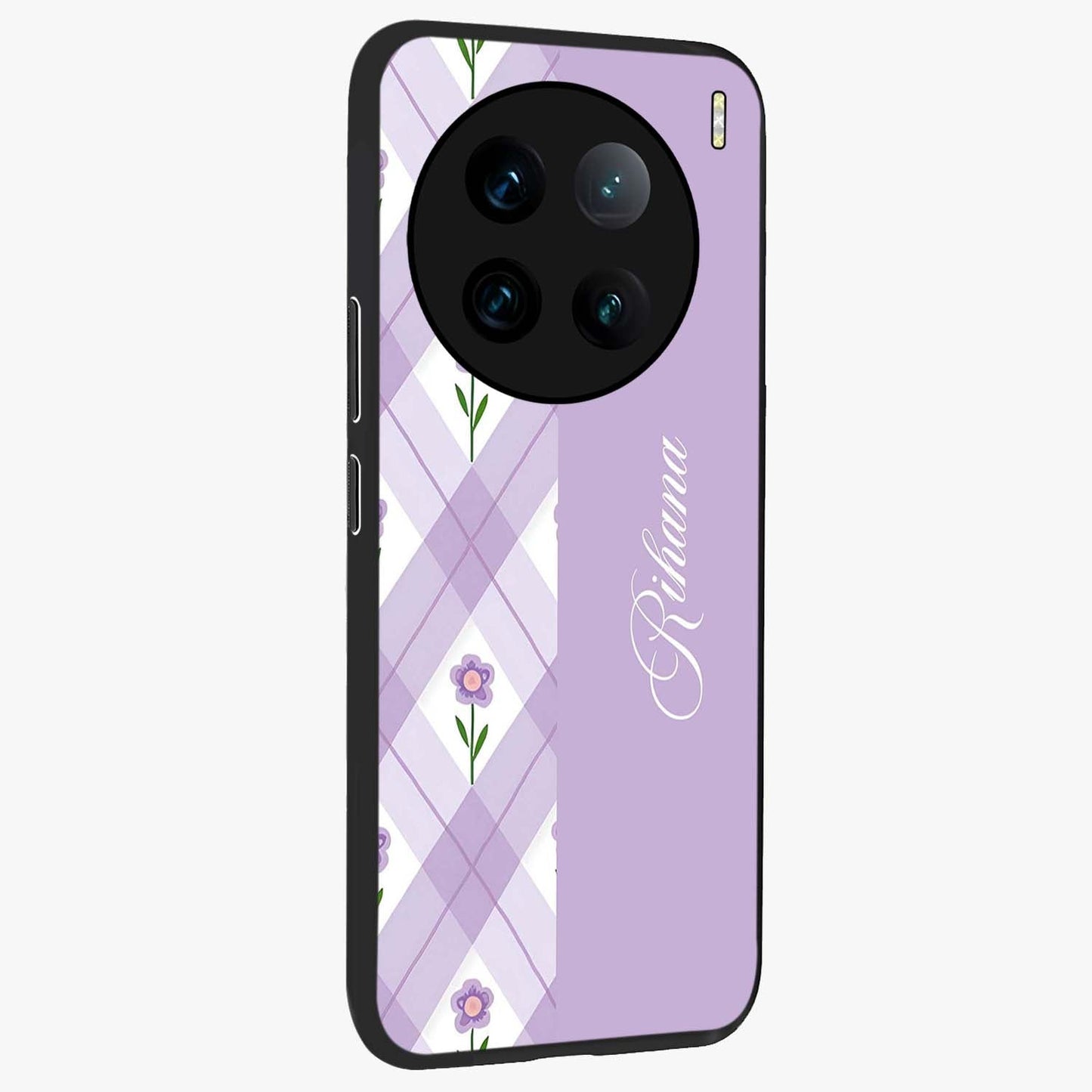 Purple Diamond Floral Glass Case upright view showcasing vibrant floral artwork with stylish geometric theme.