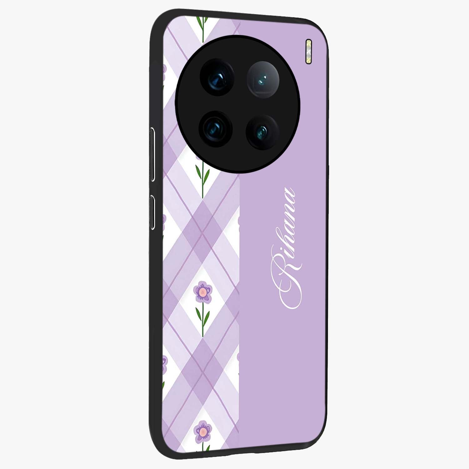 Purple Diamond Floral Glass Case upright view showcasing vibrant floral artwork with stylish geometric theme.