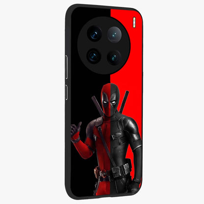 Red & Black Deadpool Theme Glass Case upright view showcasing energetic comic themed artwork with striking red and black design.