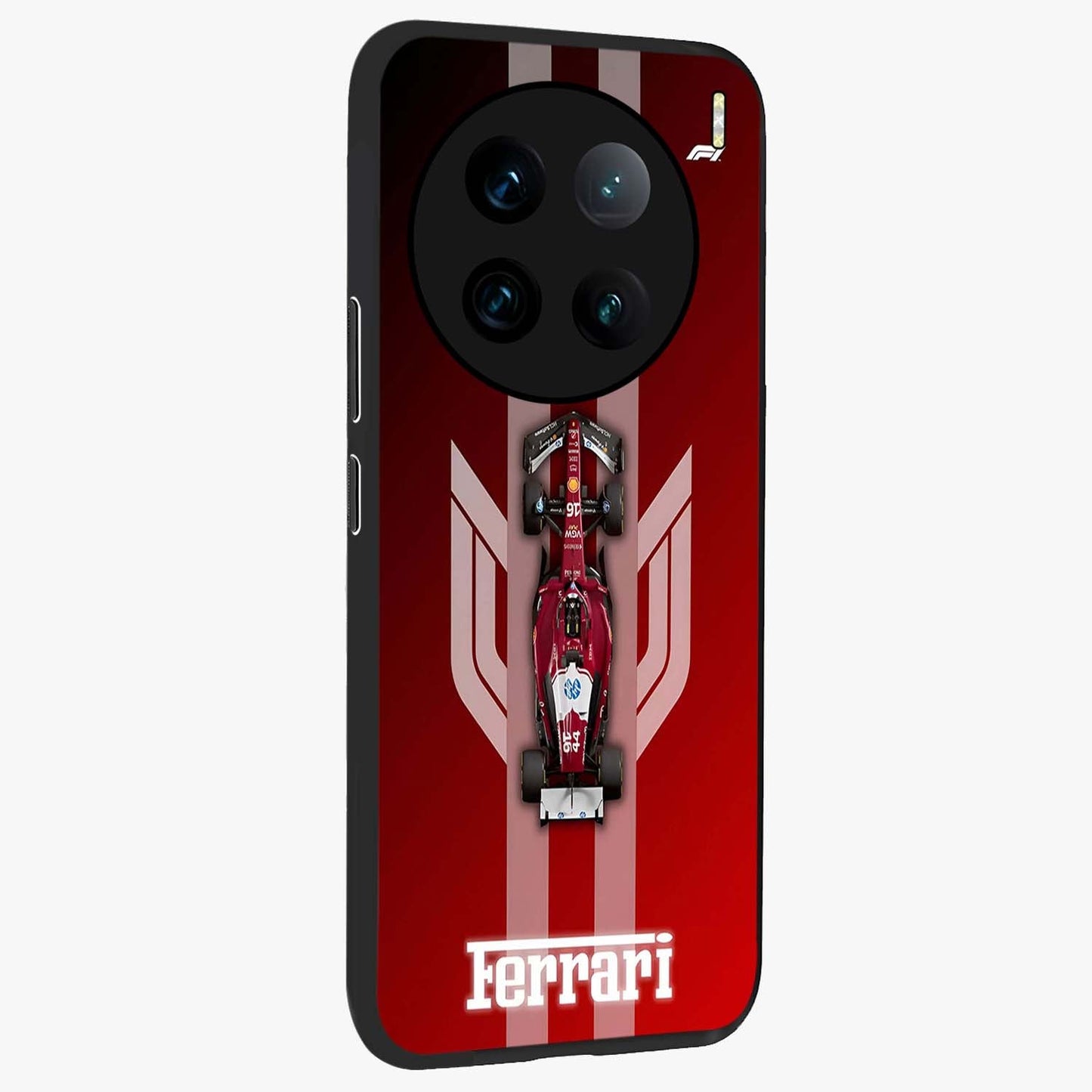 Red Ferrari F1 Vertical Glass Case upright view showcasing powerful Formula car artwork with dynamic motorsport theme.