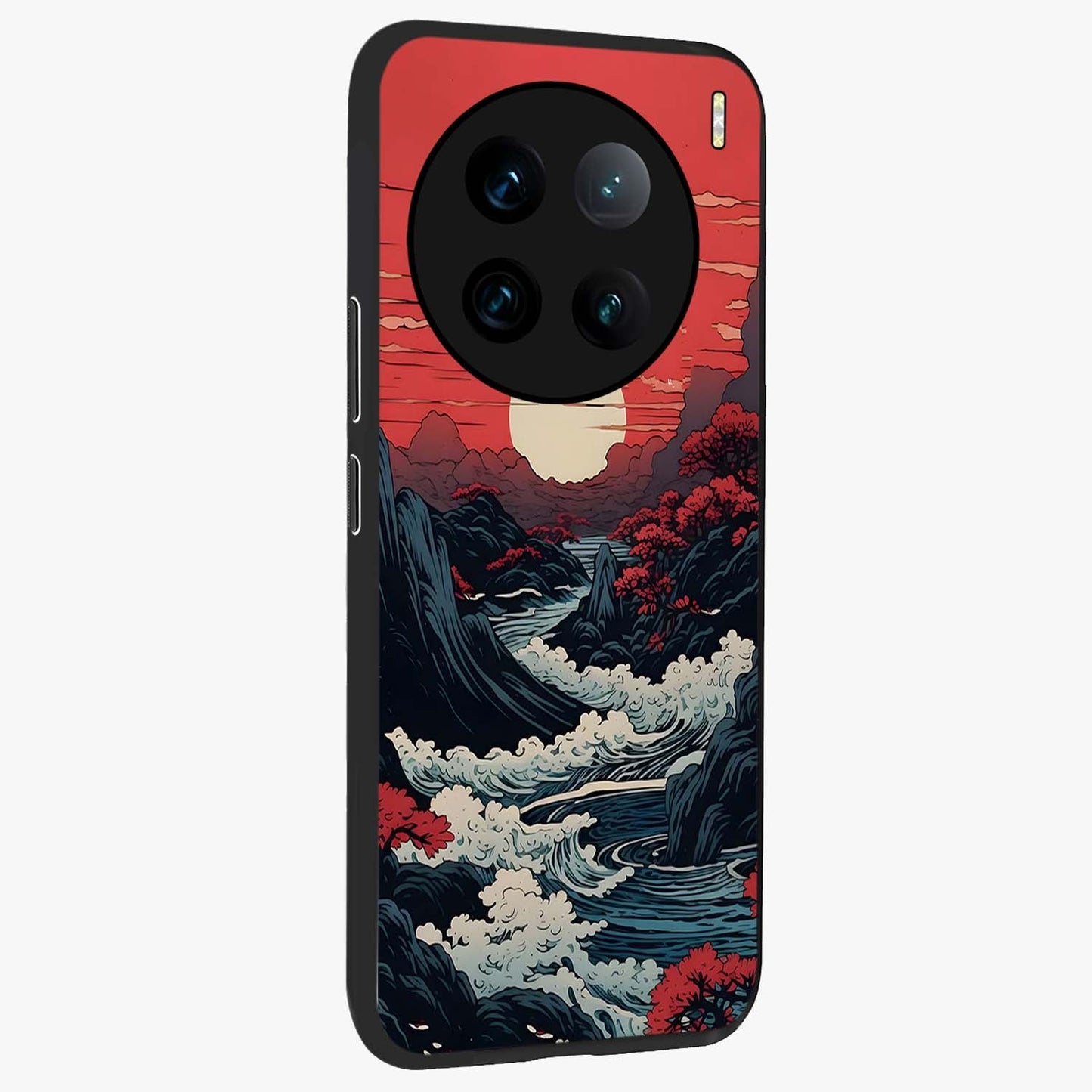 Red Sunset Scenery Glass Case upright view showcasing dramatic sunset scenery artwork with warm nature theme.