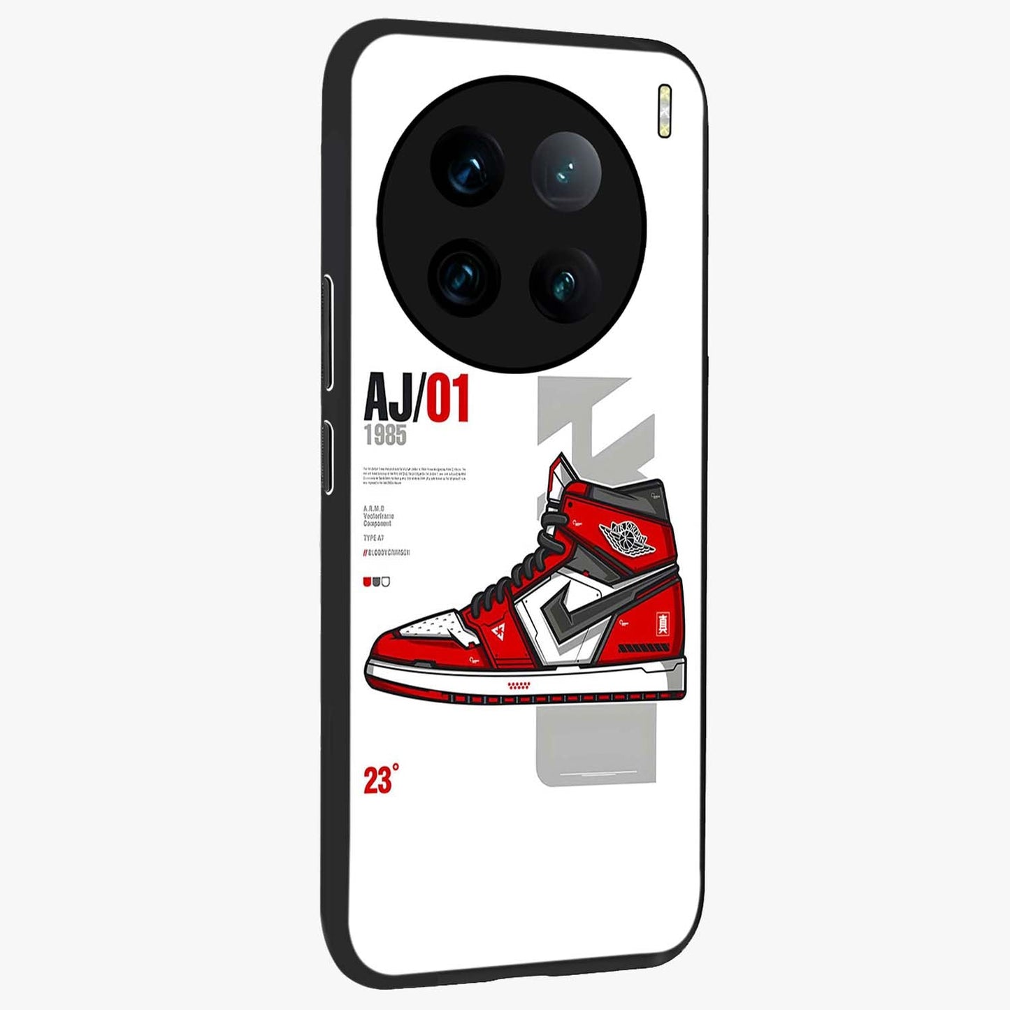 Retro Sneaker Blueprint Glass Case upright view showcasing stylish sneaker illustration with vintage streetwear theme.