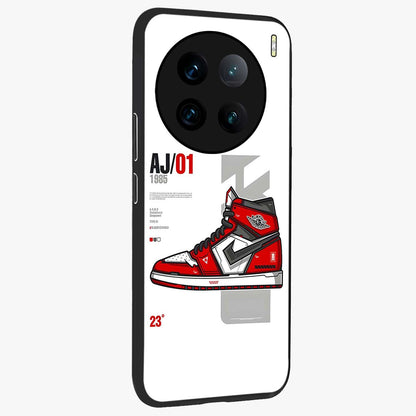 Retro Sneaker Blueprint Glass Case upright view showcasing stylish sneaker illustration with vintage streetwear theme.