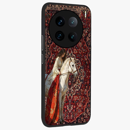Royal Rider Tapestry Glass Case upright view showcasing detailed rider artwork with classic tapestry theme.