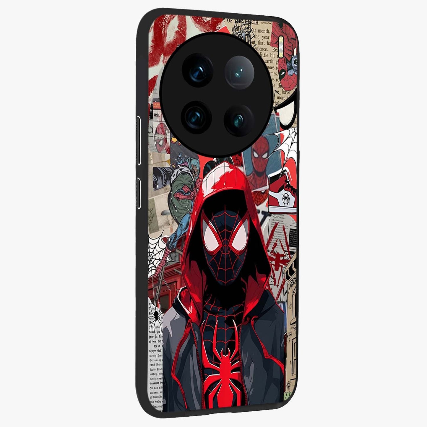 Spider Collage Street Glass Case upright view showcasing bold superhero artwork with urban street theme.