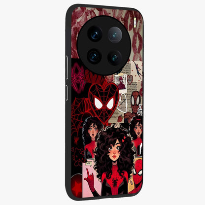 Spider Love Story Glass Case upright view showcasing charming superhero artwork with romantic comic theme.