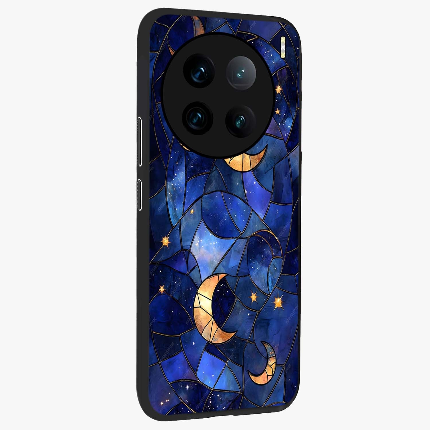 Starlit Sky Tapestry Glass Case upright view showcasing elegant starry sky artwork with cosmic decorative theme.